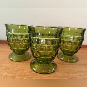 VTG Set Of 3 Indiana Glass Whitehall Avocado Green Cubist Footed Juice Glasses